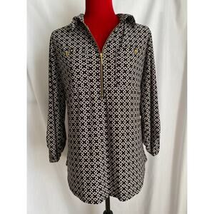 Jones Studio Womens XL Black White Chain Link quartr Zip Blouse Roll Tab Sleeves